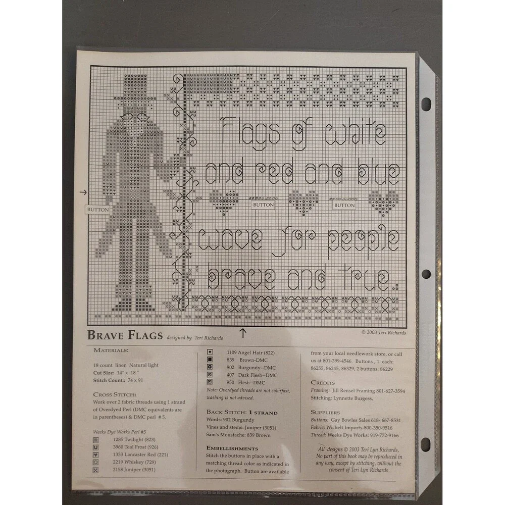 Shepherds Bush BRAVE FLAGS Counted Cross Stitch Pattern Chart Primitive...